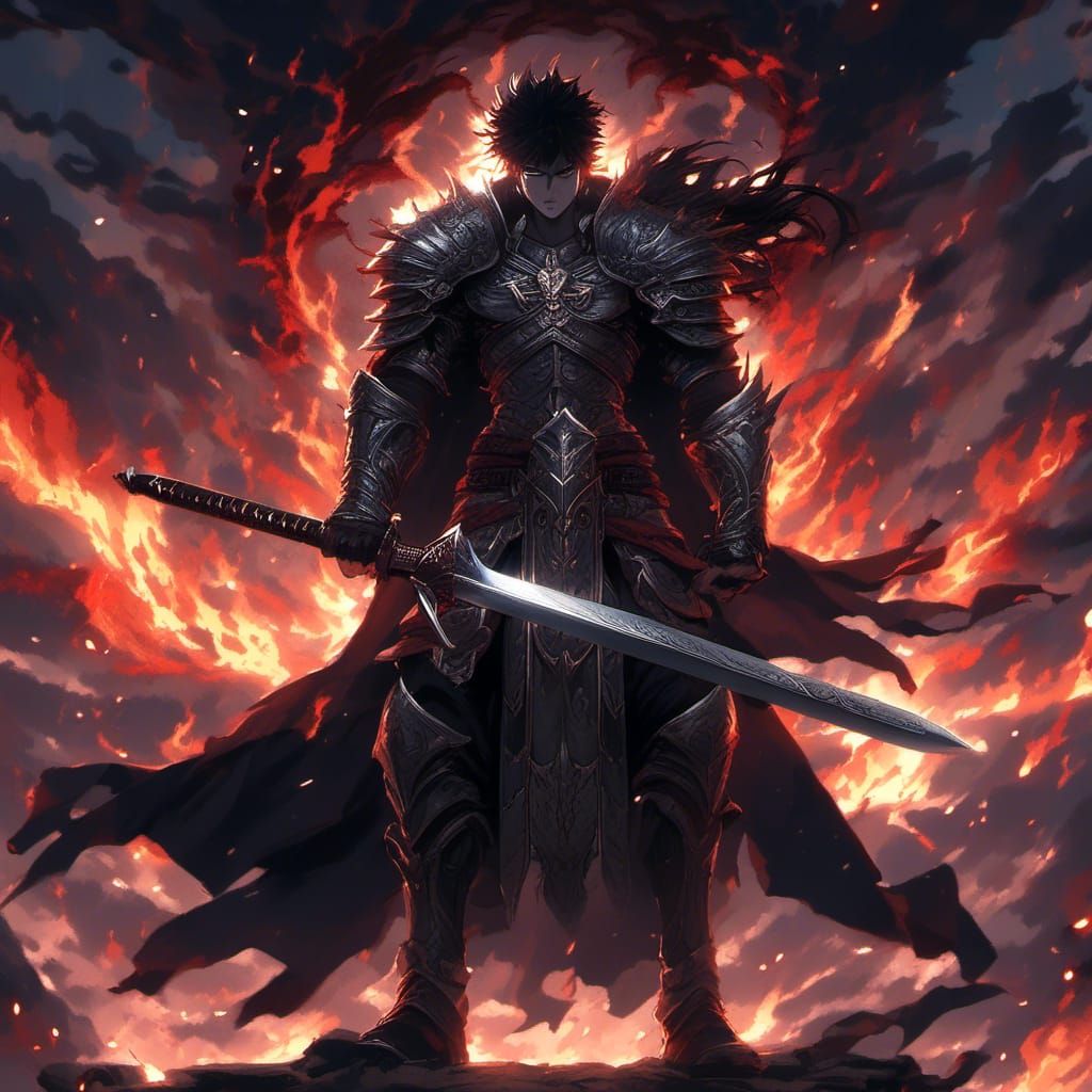 Mighty Warrior with Magical Sword in Anime Style