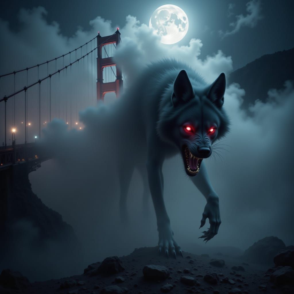 Fog Wolf Under Golden Gate Bridge with Glowing Red Eyes
