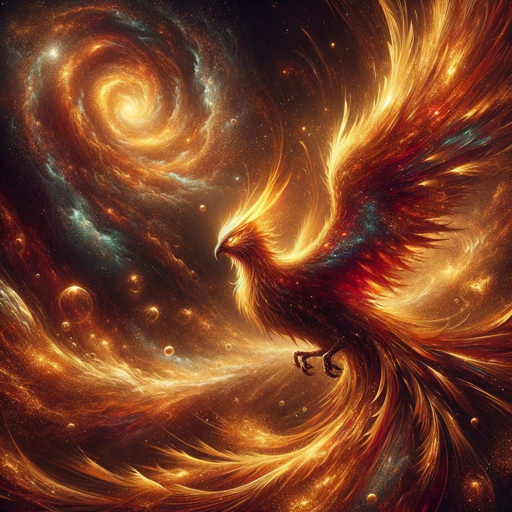 Golden Phoenix Soaring Through a Cosmic Galaxy