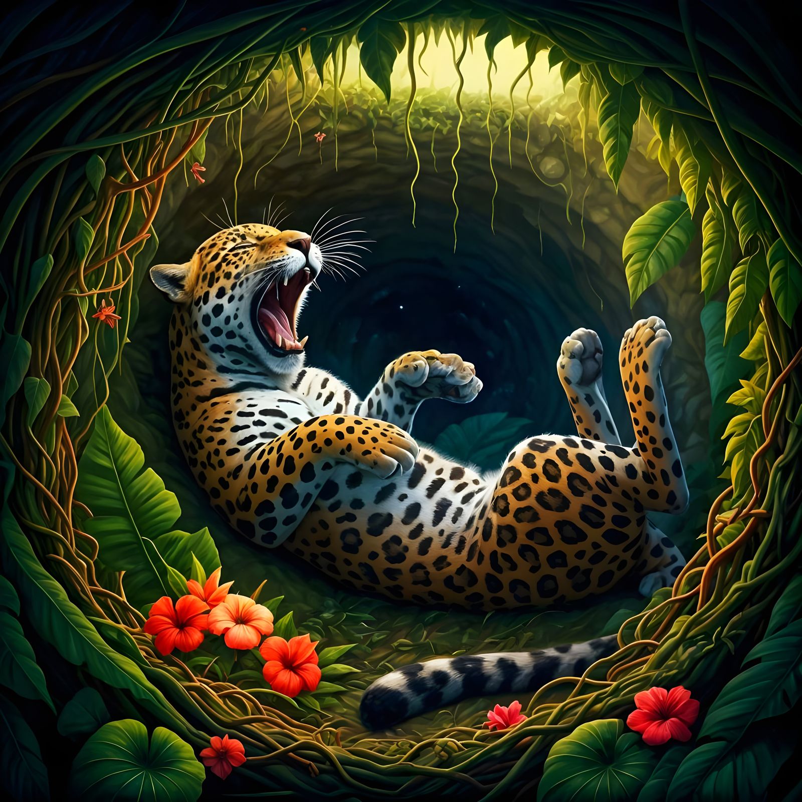 Jaguar Yawning in Jungle Cave, Detailed Acrylic Art