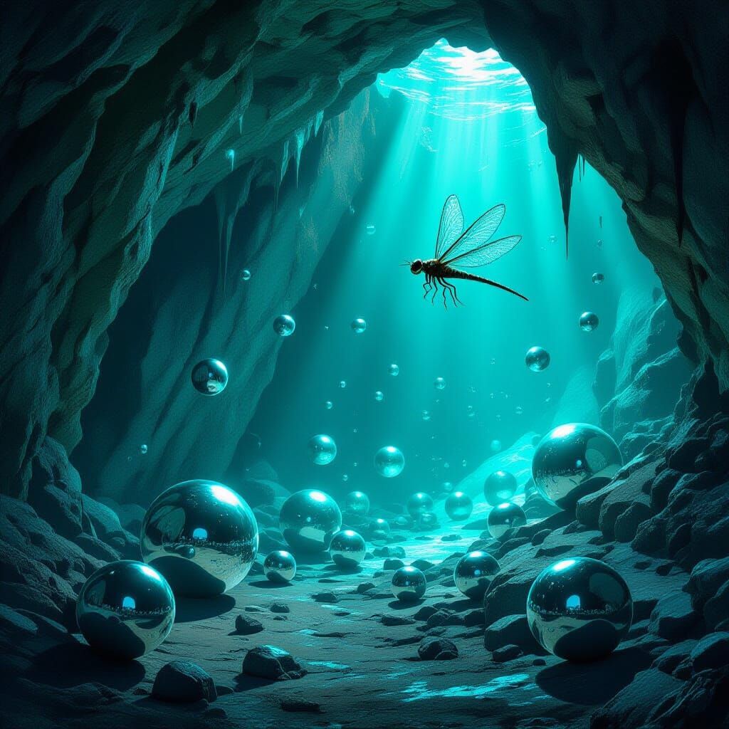 Bioluminescent Cave with Dragonfly in Surreal Style