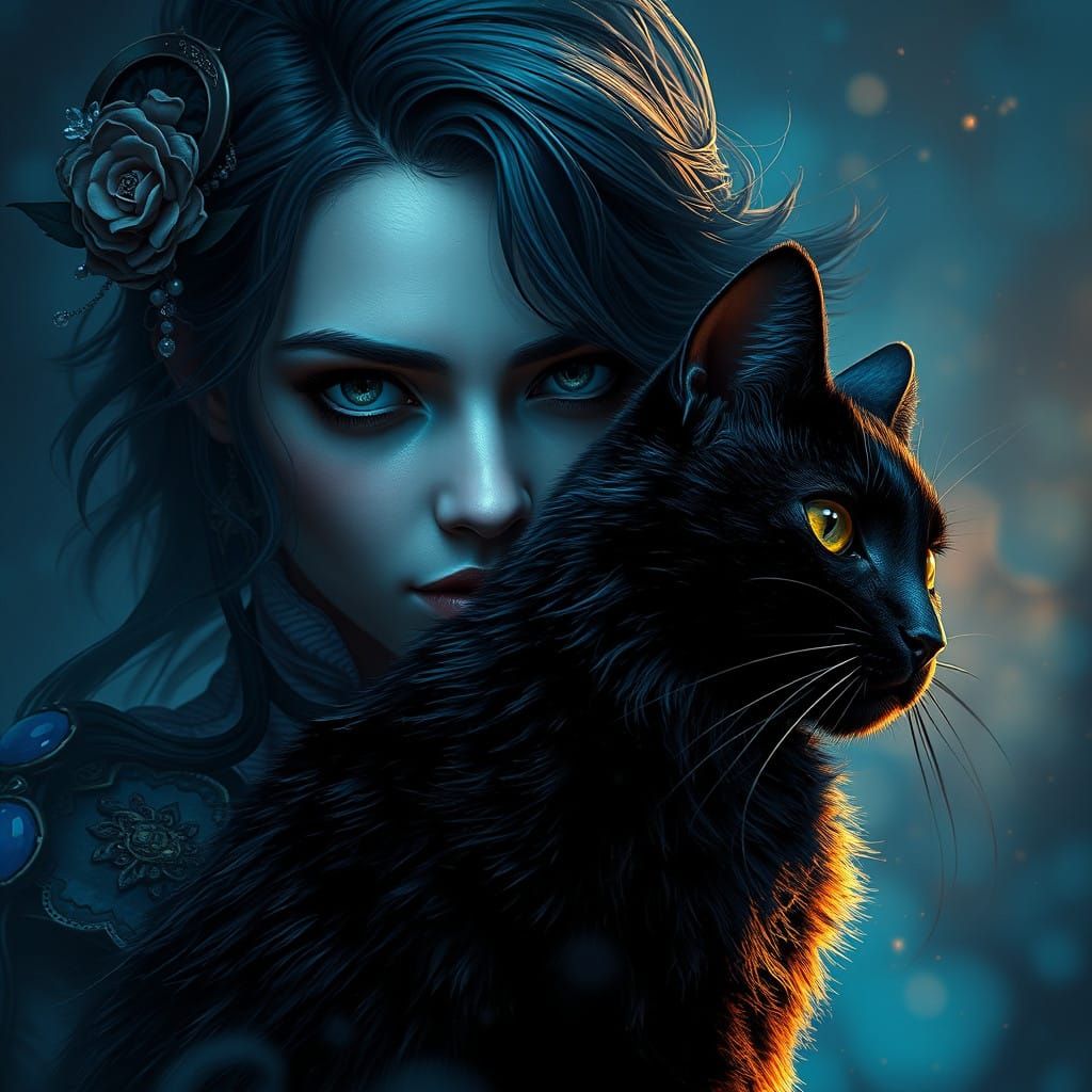 Beautiful Woman Embracing a Majestic Black Cat in Vibrant Li...