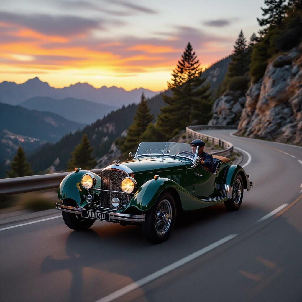 Vintage Bentley V8 Races into Sunset: Photorealistic Film St...