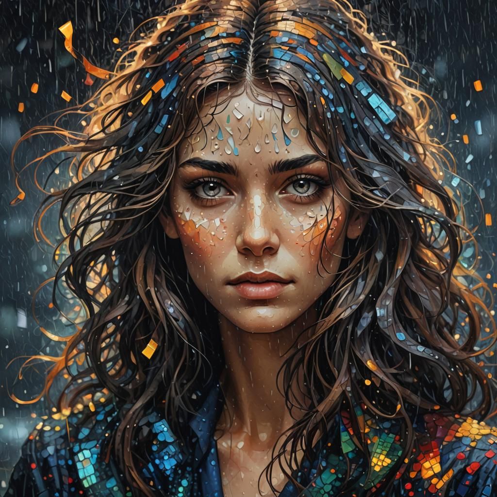 Abstract Pointillist Portrait of Woman in Rainy Night