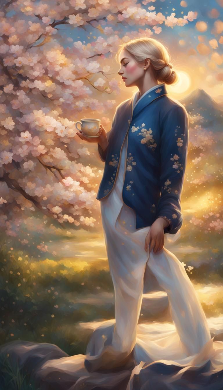 Emotional Portrait in Serene Garden with Calming Tea