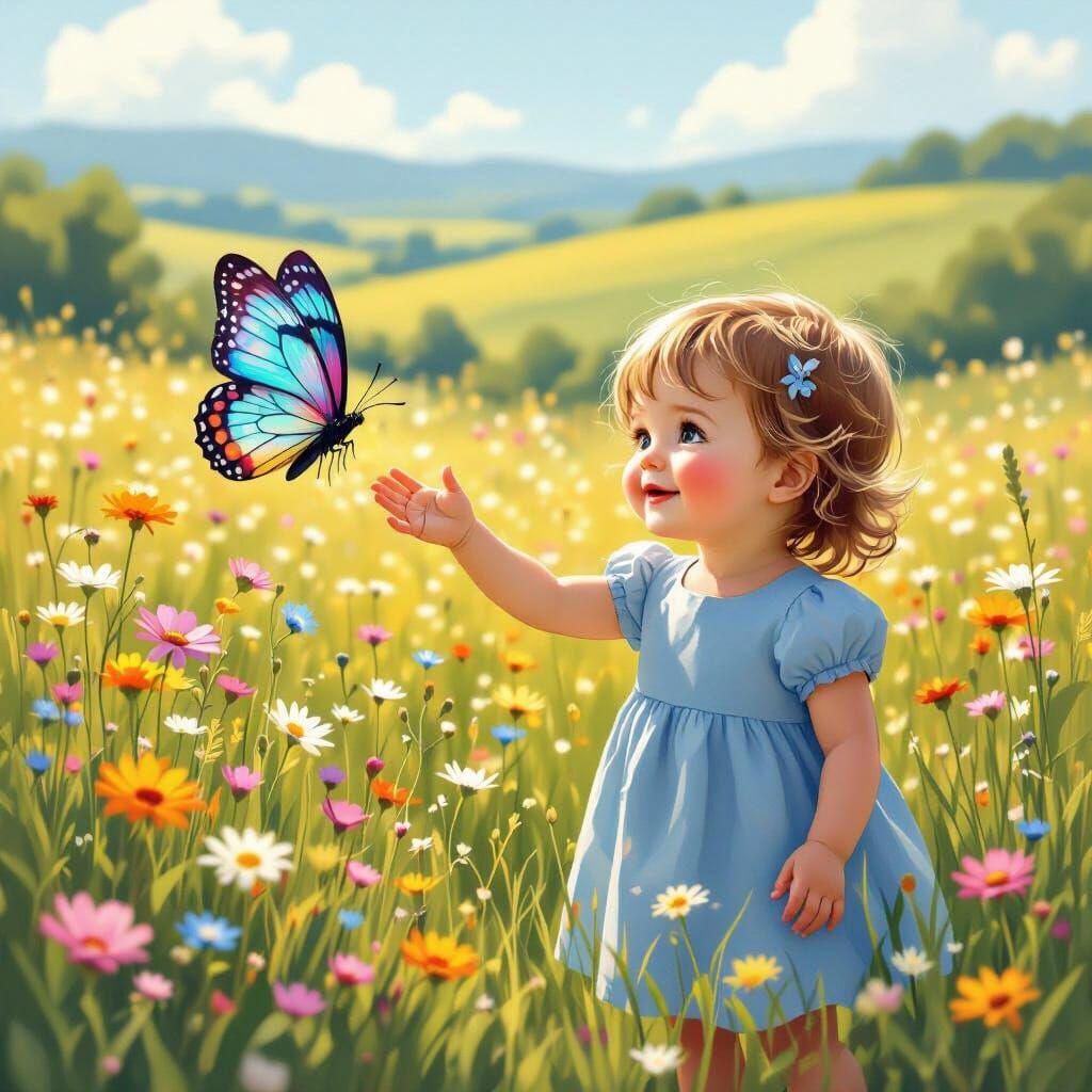 Toddler Reaches for Butterfly in Whimsical Meadow