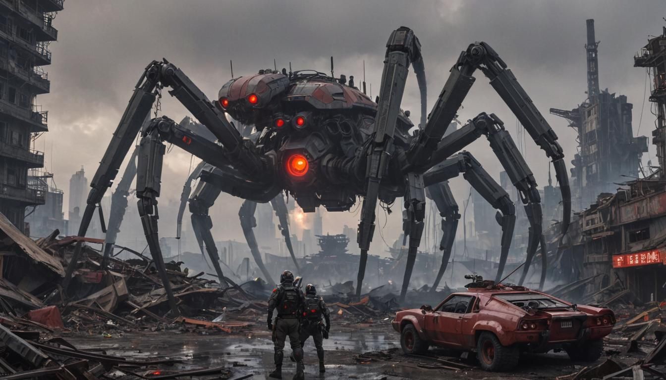 The image depicts a chaotic scene of a 1940s retro futuristi...