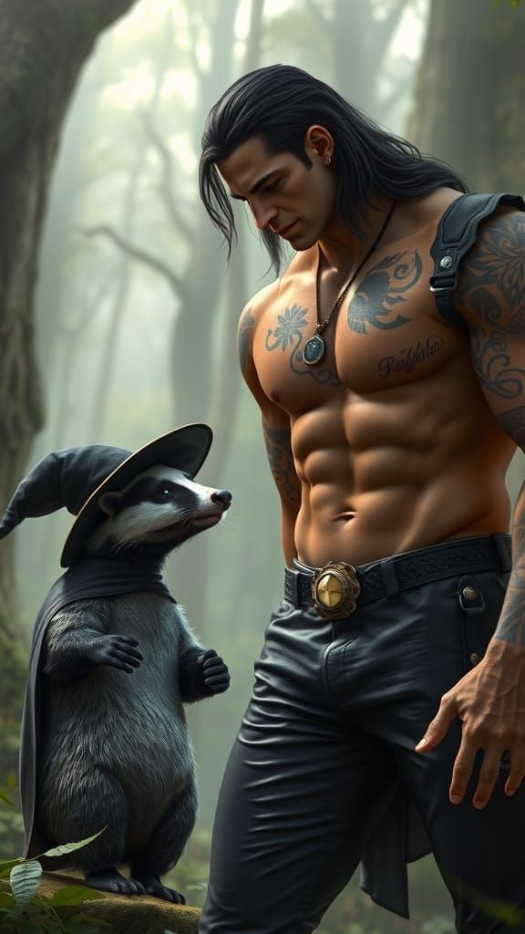 Muscular Witch and Badger in Magical Forest