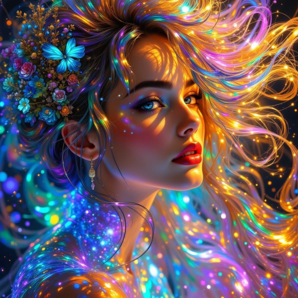 Rainbow Man with Gold Accents in Fantasy Art Style