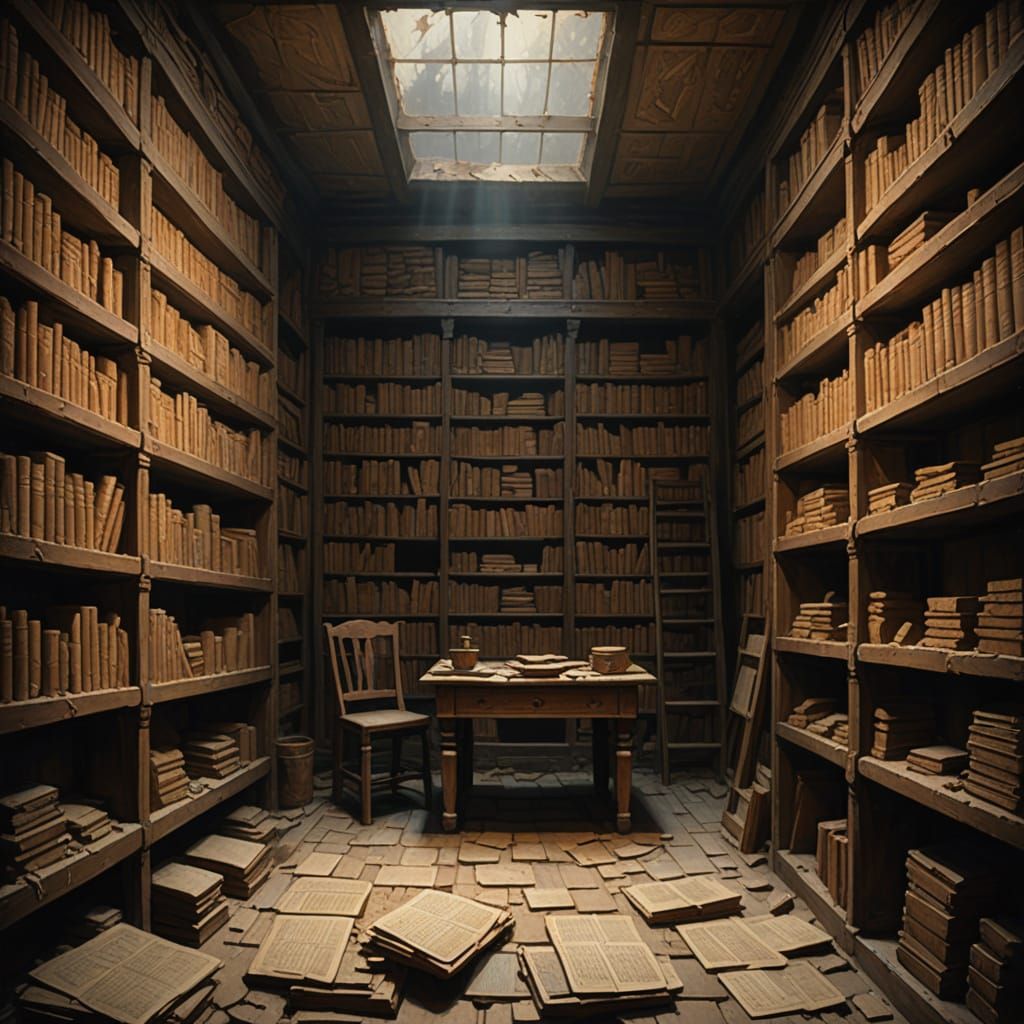 Ancient Records Room Gouache Painting with Dusty Shelves