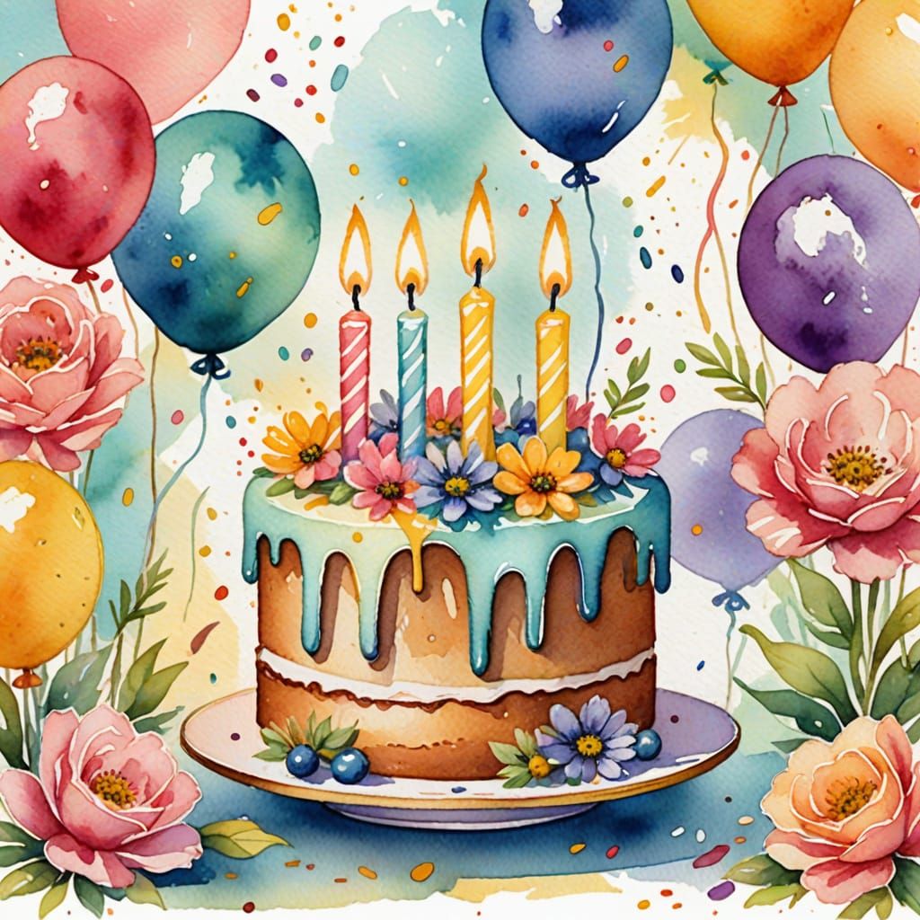 Vibrant Watercolor Birthday Card with Flowers and Cake
