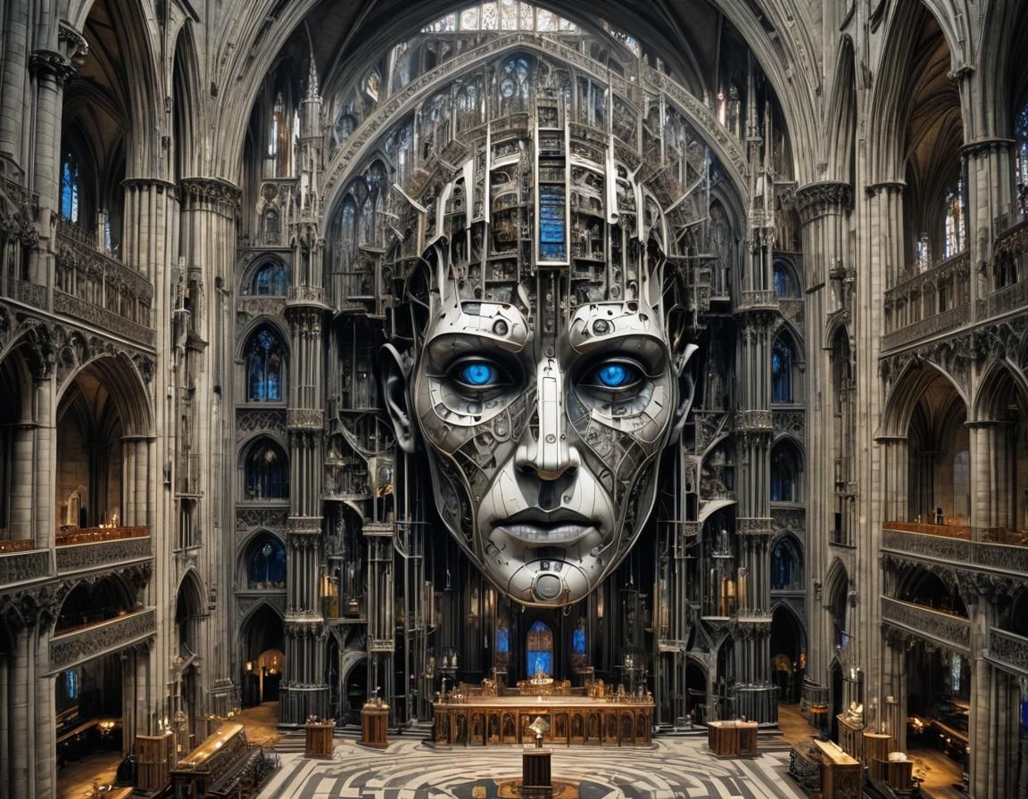 Cathedral Computer Face with Cyber-Nuns in Cyberpunk Style