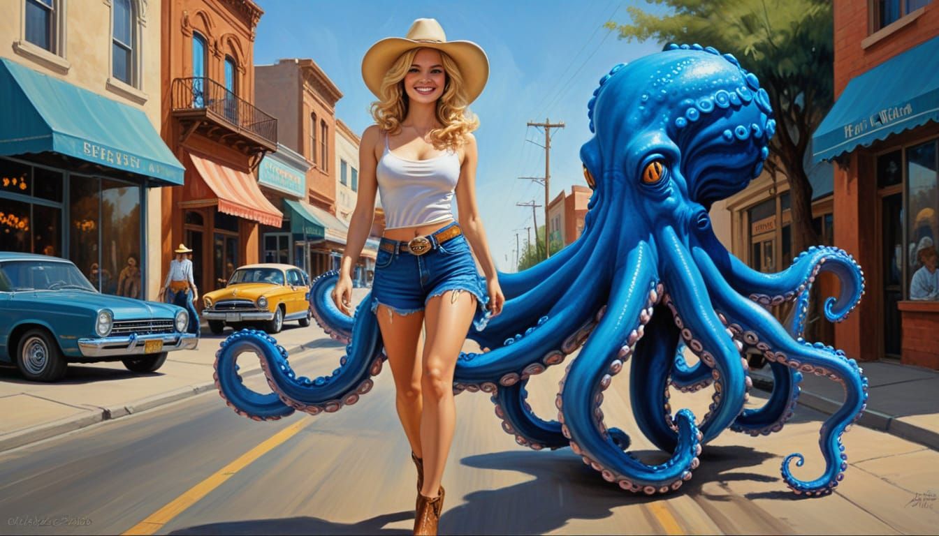 Vibrant Oil Painting of Whimsical Cowboy and Blue Octopus
