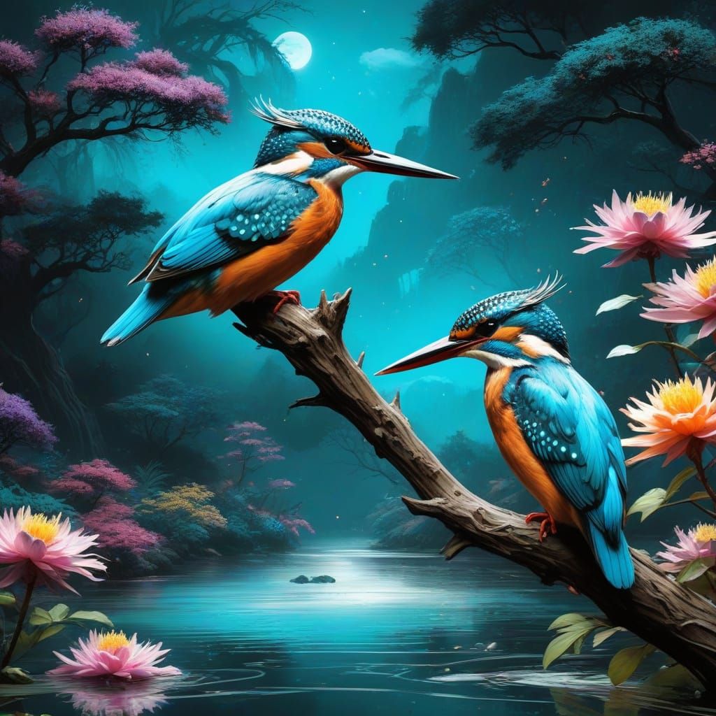 Kingfisher Illuminated in Japanese Garden Night Scene