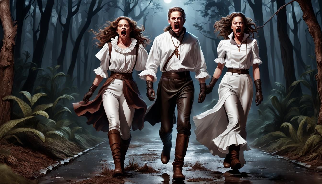 Fleeing Priest and Woman in Dark Forest