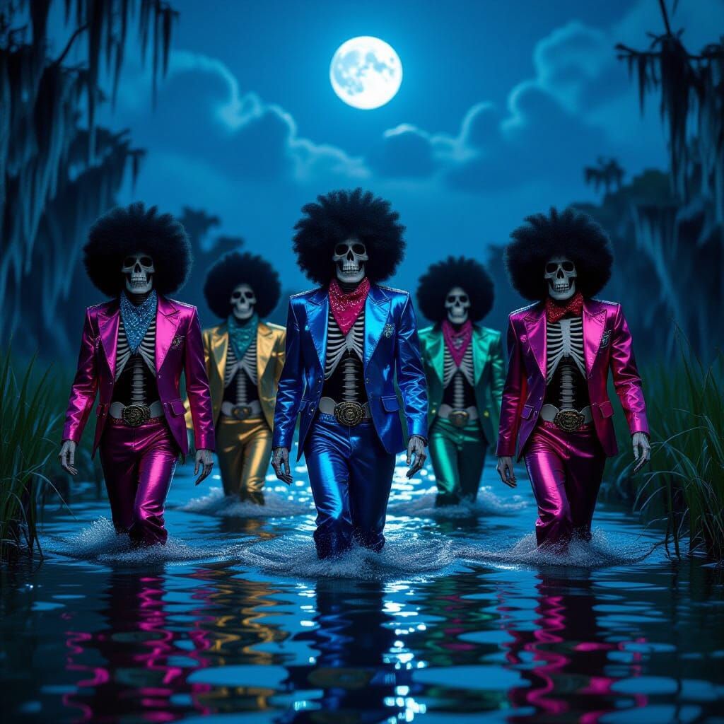 Skeletons in Disco Gear Explore Moonlit Bayou