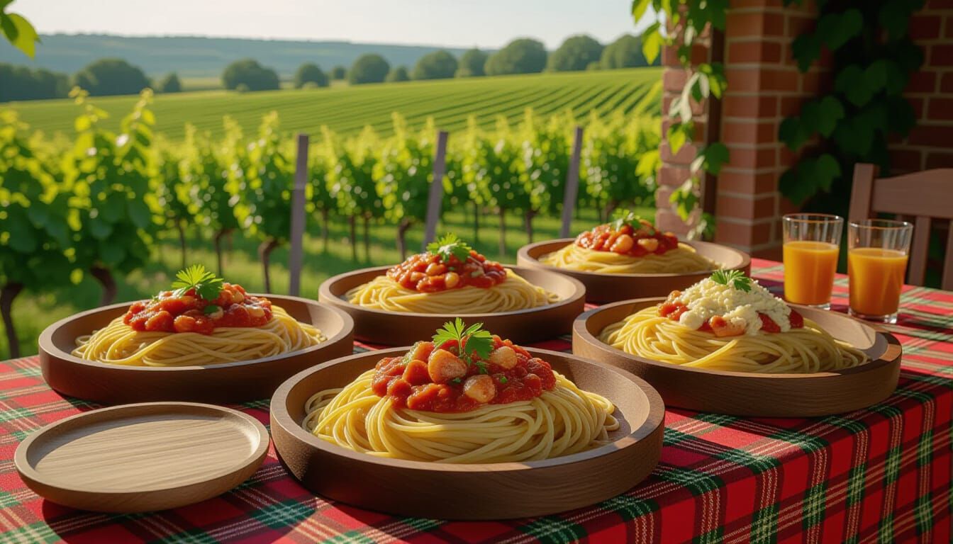 Overflowing Pasta Platters on Victorian Tablecloth