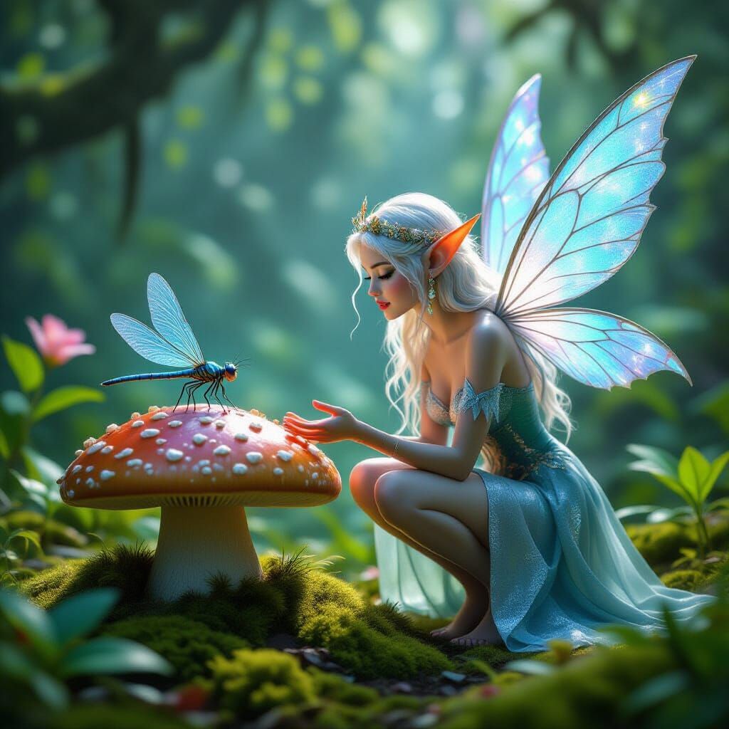 Elf Talking to Dragonfly in Magical Rainforest