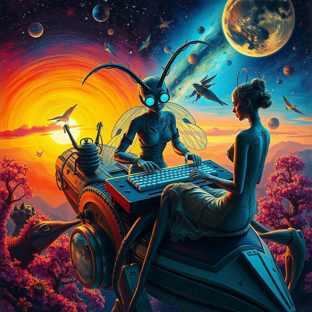 Ethereal Figures in a Surreal Sunset Galaxy