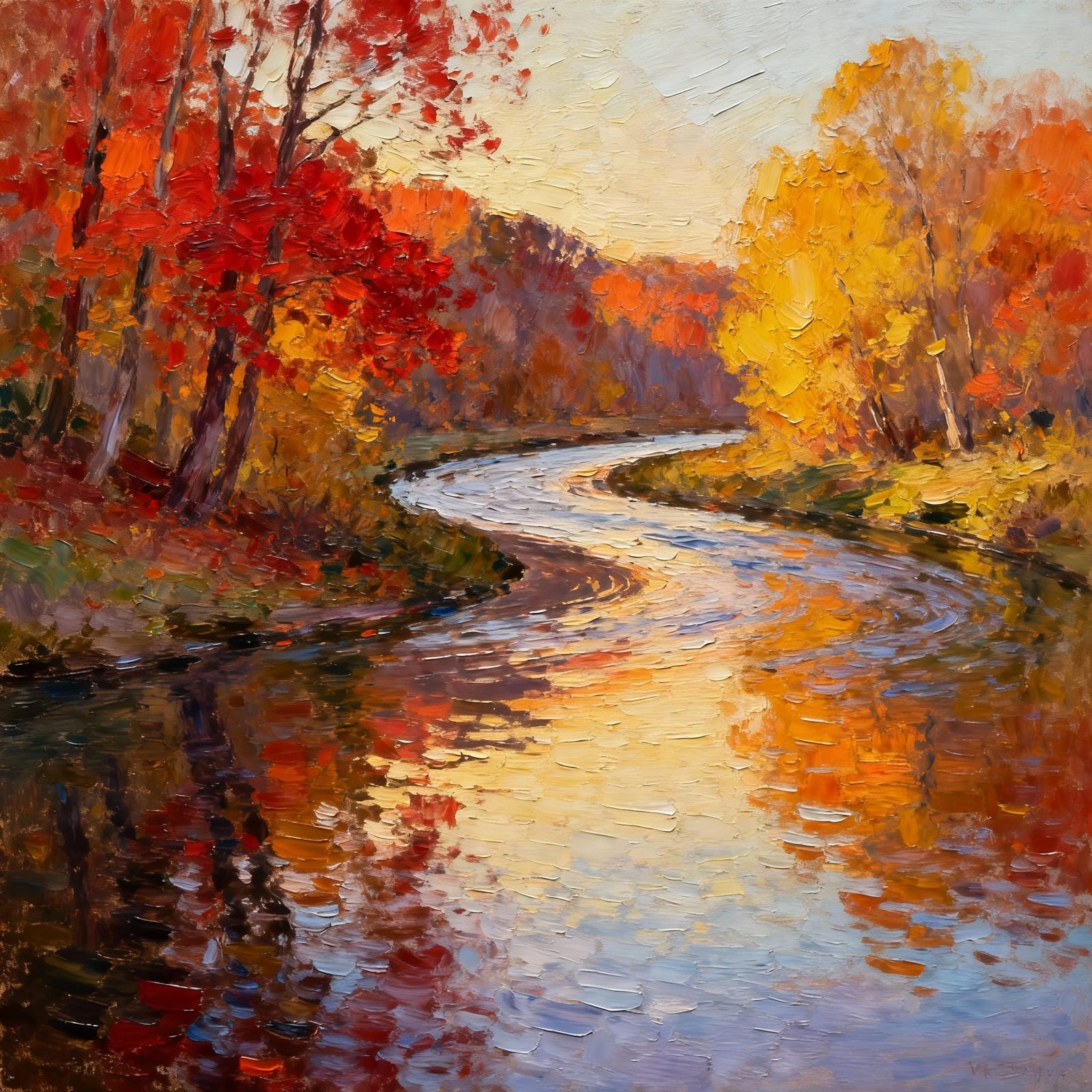 Autumn River Landscape in Impressionist Style
