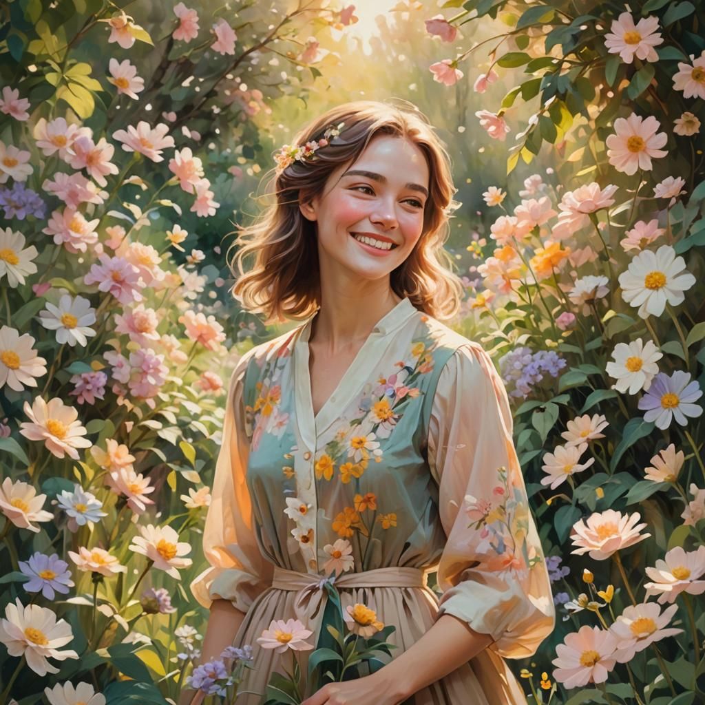 Woman Surrounded by Flowers in Impressionistic Garden
