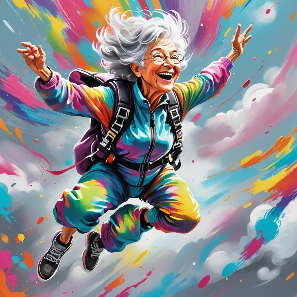 Colorful Granny flying in the Sky