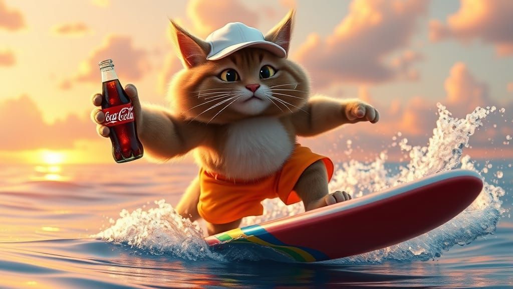 Pixar-Inspired Cat Surfs Vibrant Sunset Waves