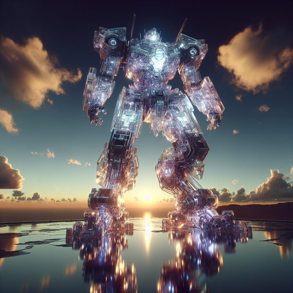 Crystal Battle-Mech Overlooking a Dramatic Landscape