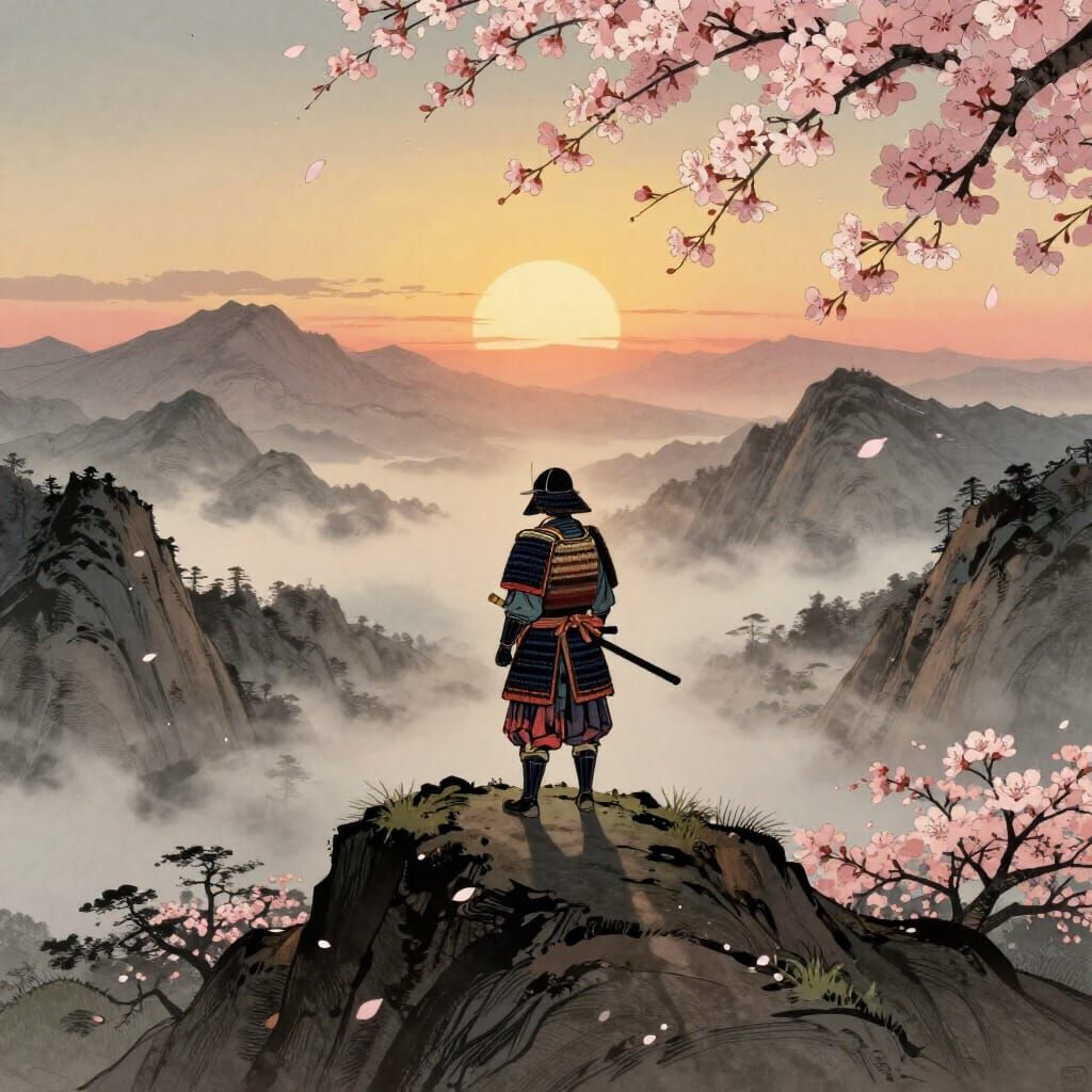 Samurai Warrior on Mountain Peak at Sunset
