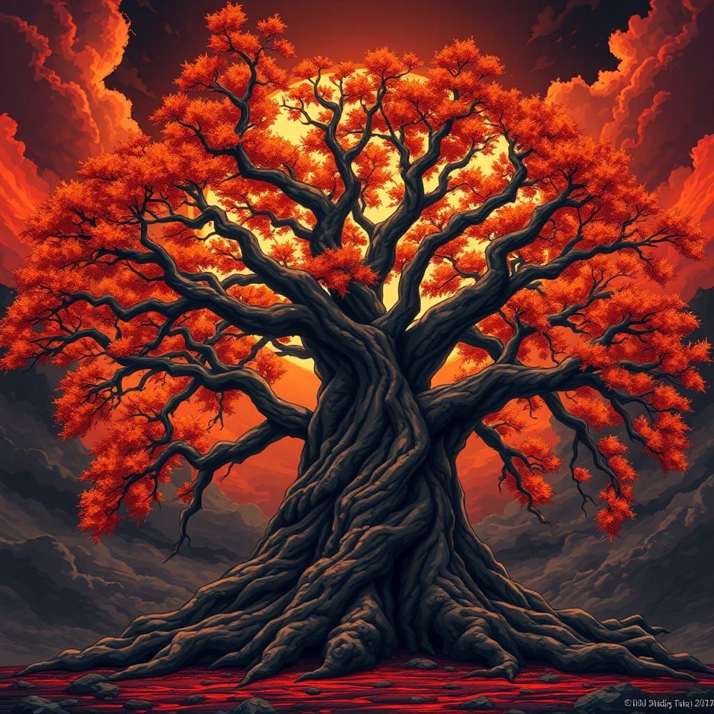 Withering Yggdrasil in Fiery Anime Style