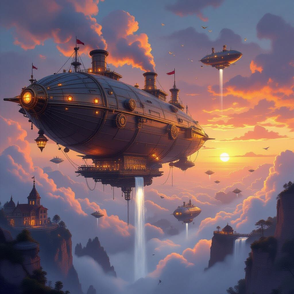 Steampunk City Floating in Sky with Airships