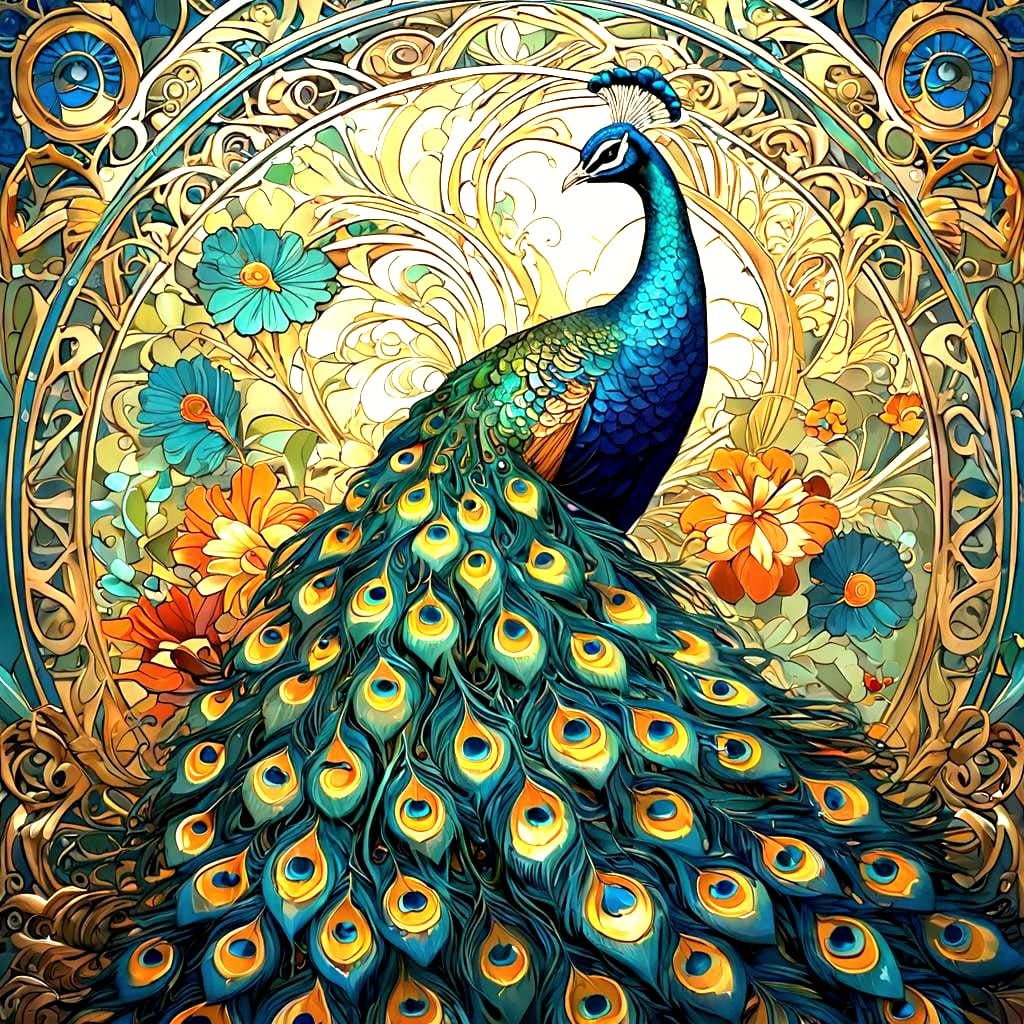 Ornate Peacock in Art Nouveau Style