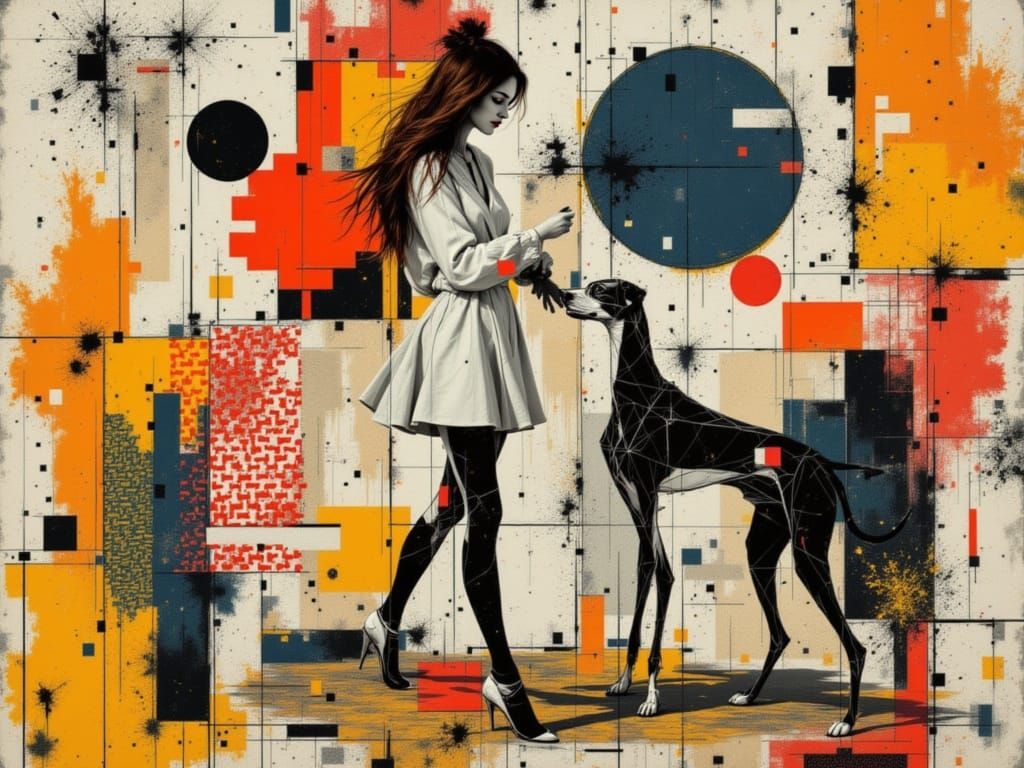 Woman and Dog in Cubist Basquiat Style