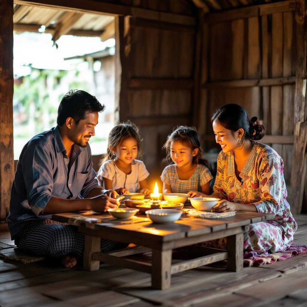 Myanmar Family Dinner in Golden Light
