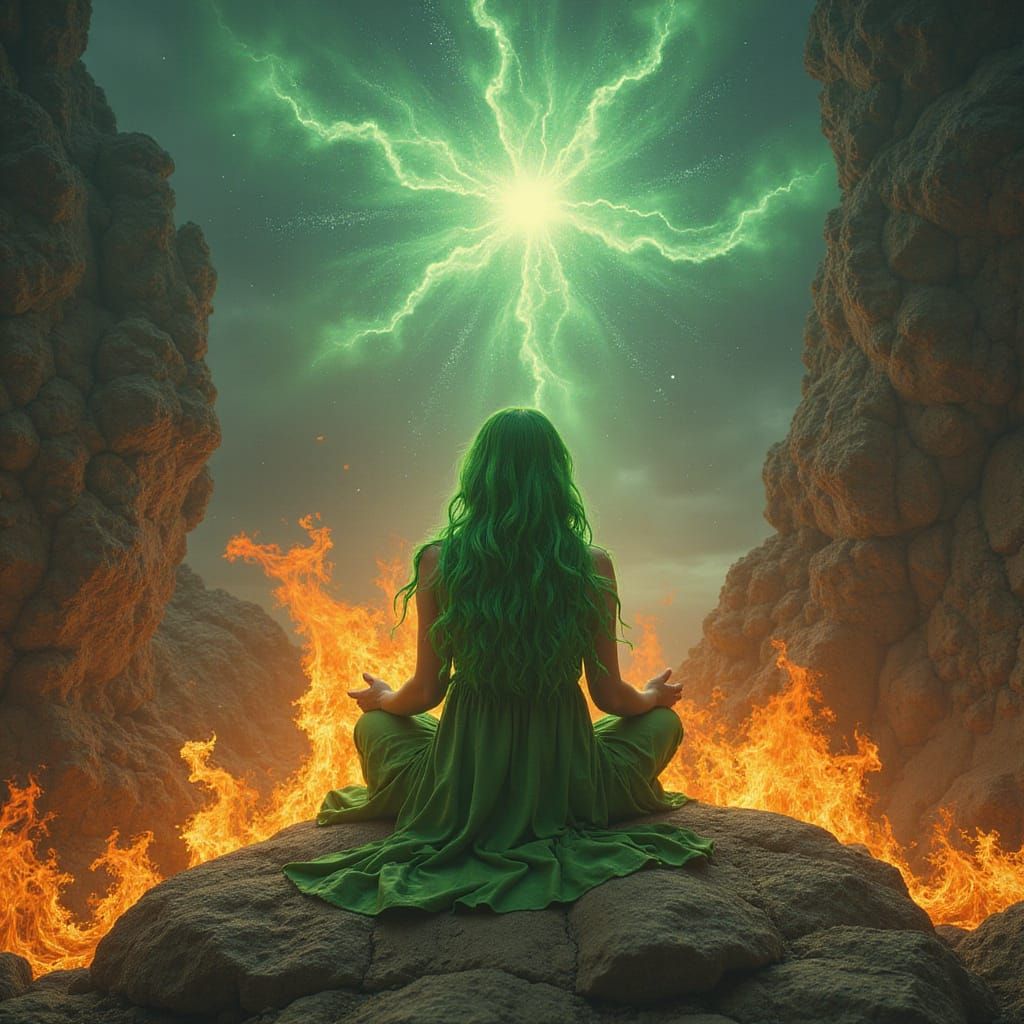 Green-Haired Spiritual Guide in Cosmic Landscape