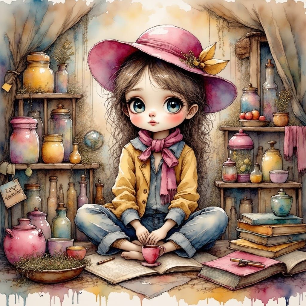 Romantic Watercolor Poet in a Whimsical Garden