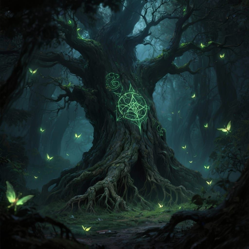 Ancient Tree with Arcane Symbols in Hidden Grove