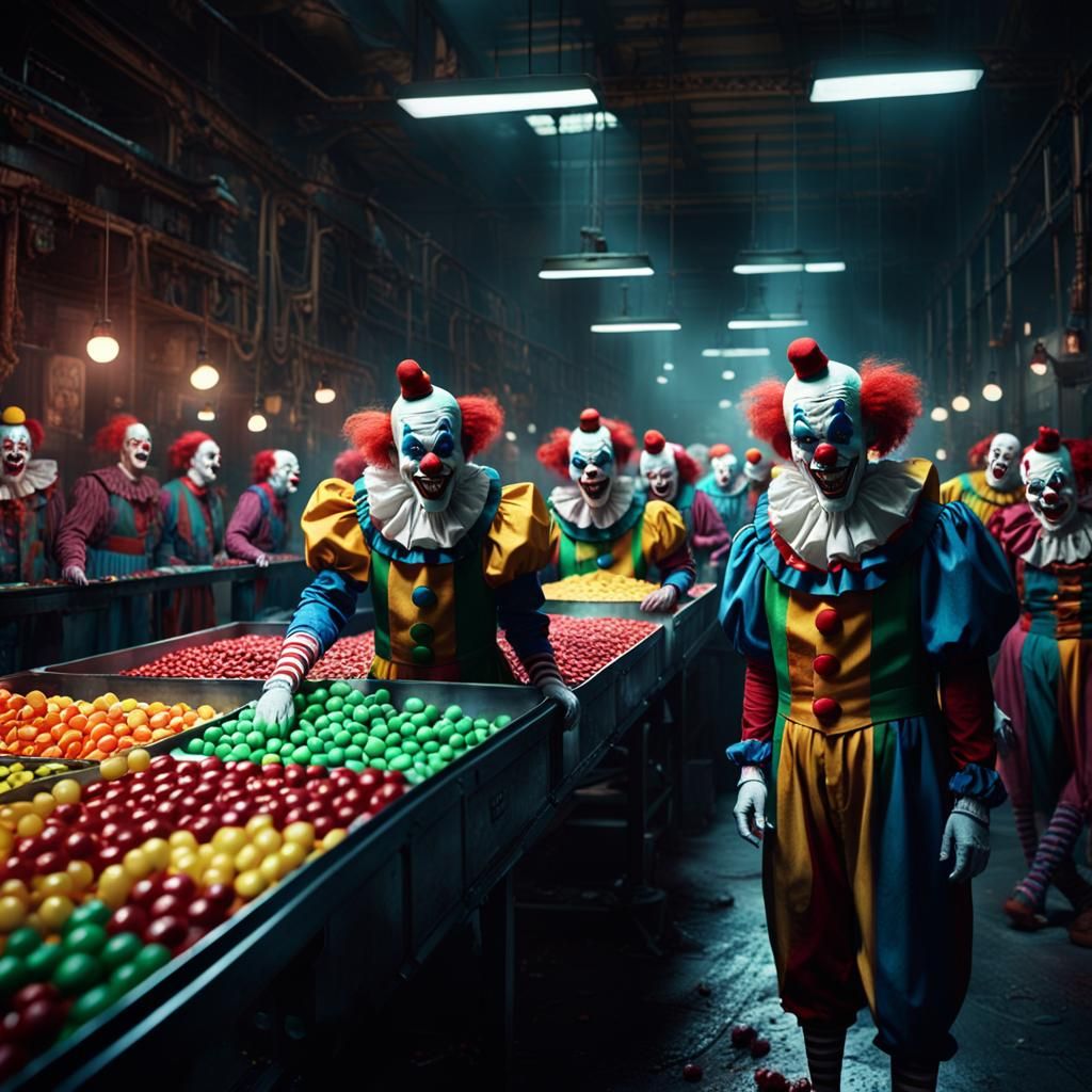 Eerie Factory: Clowns Packaging Candy in Dreamlike Style