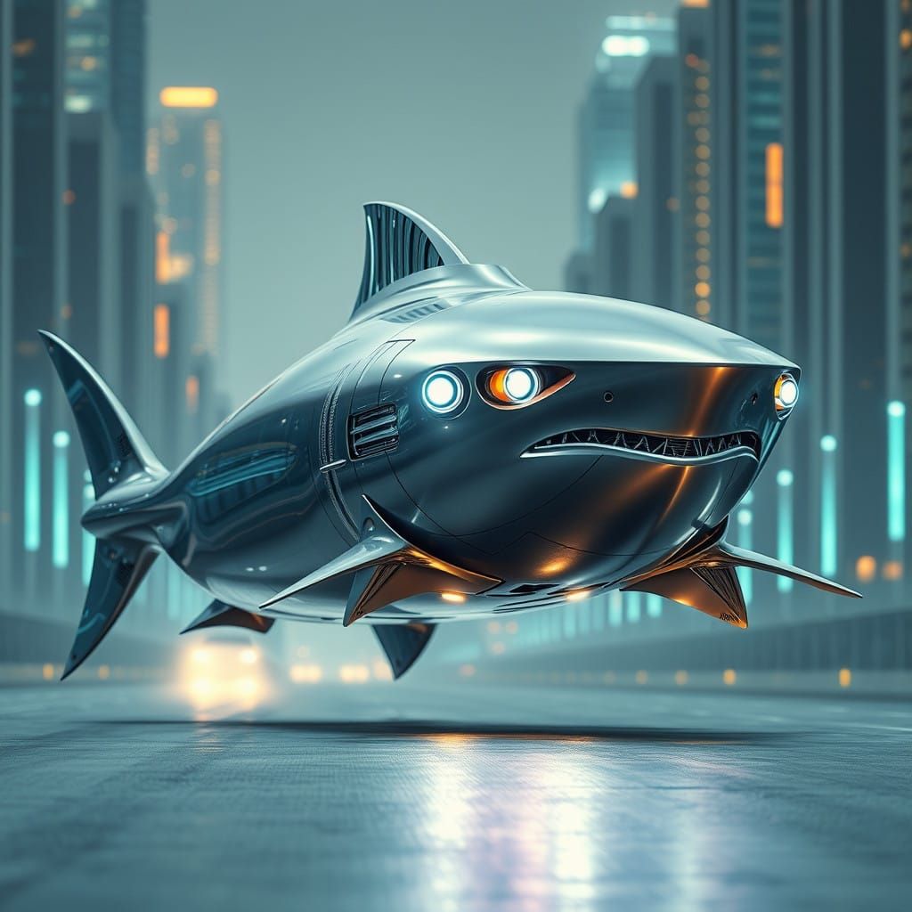 Surreal Cyberpunk Shark Spaceship Hovers Down City Road in H...