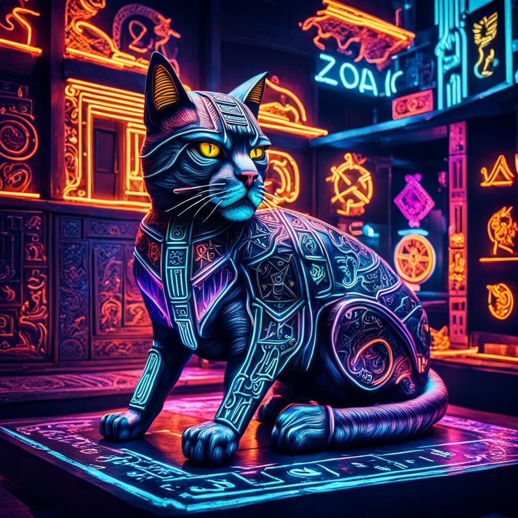 Neon Zodiac Cat in Moody Atmospheric Style