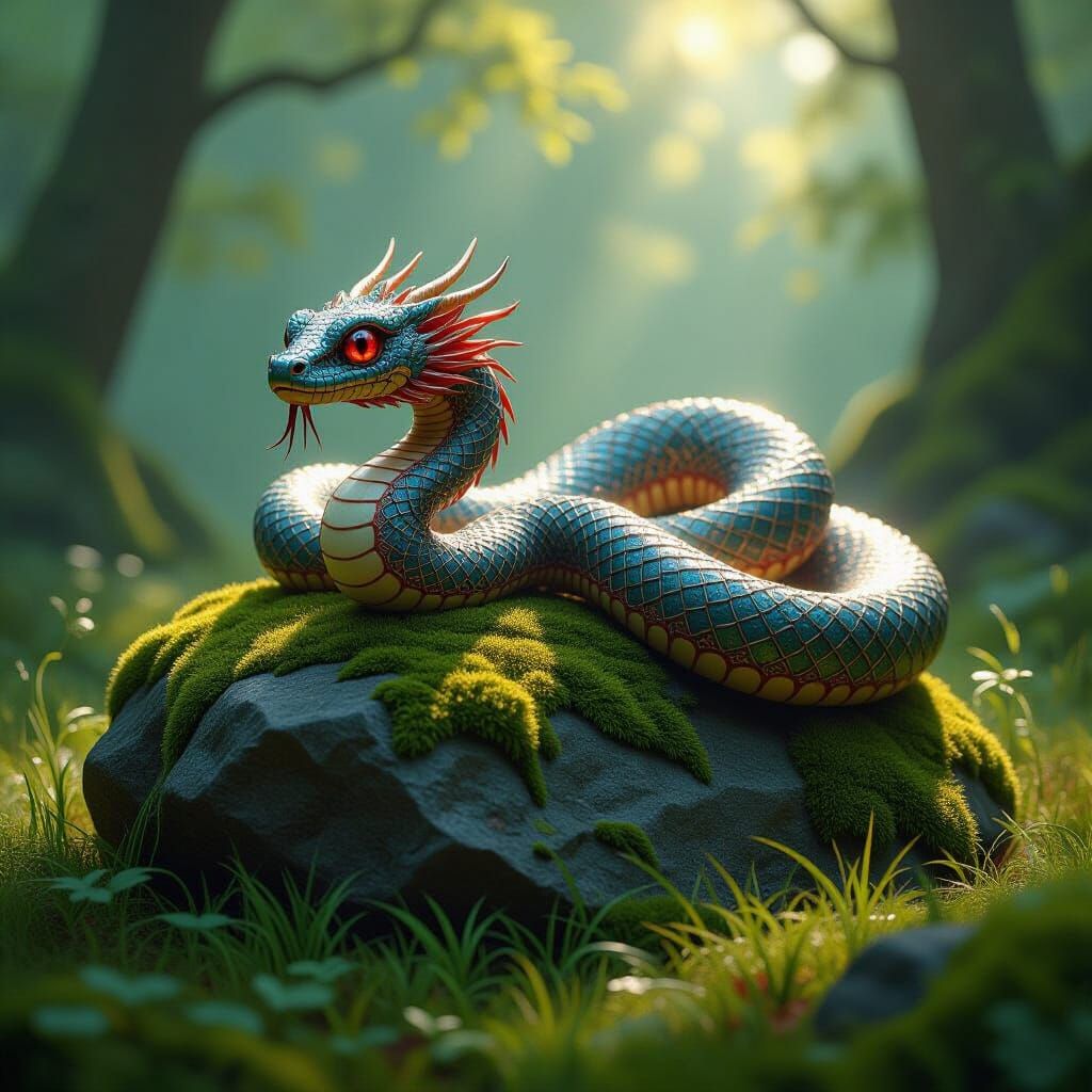 Enchanted Serpent on Mossy Stone in Deep Forest