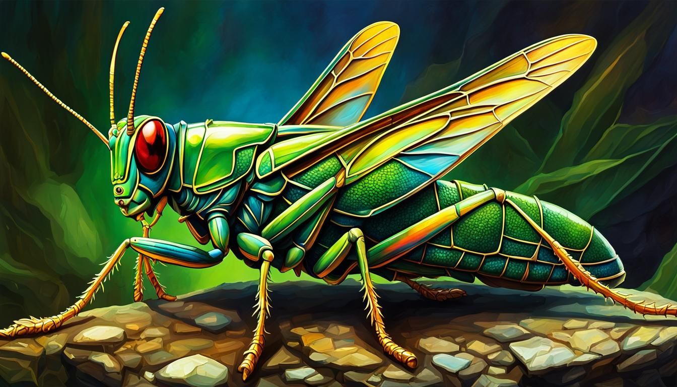 Giant Grasshopper in Elegant Costume on Cracked Bell