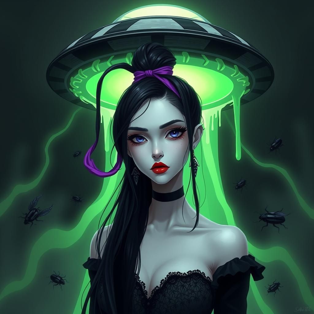 Gothic Woman in UFO Beam, Surreal Digital Art