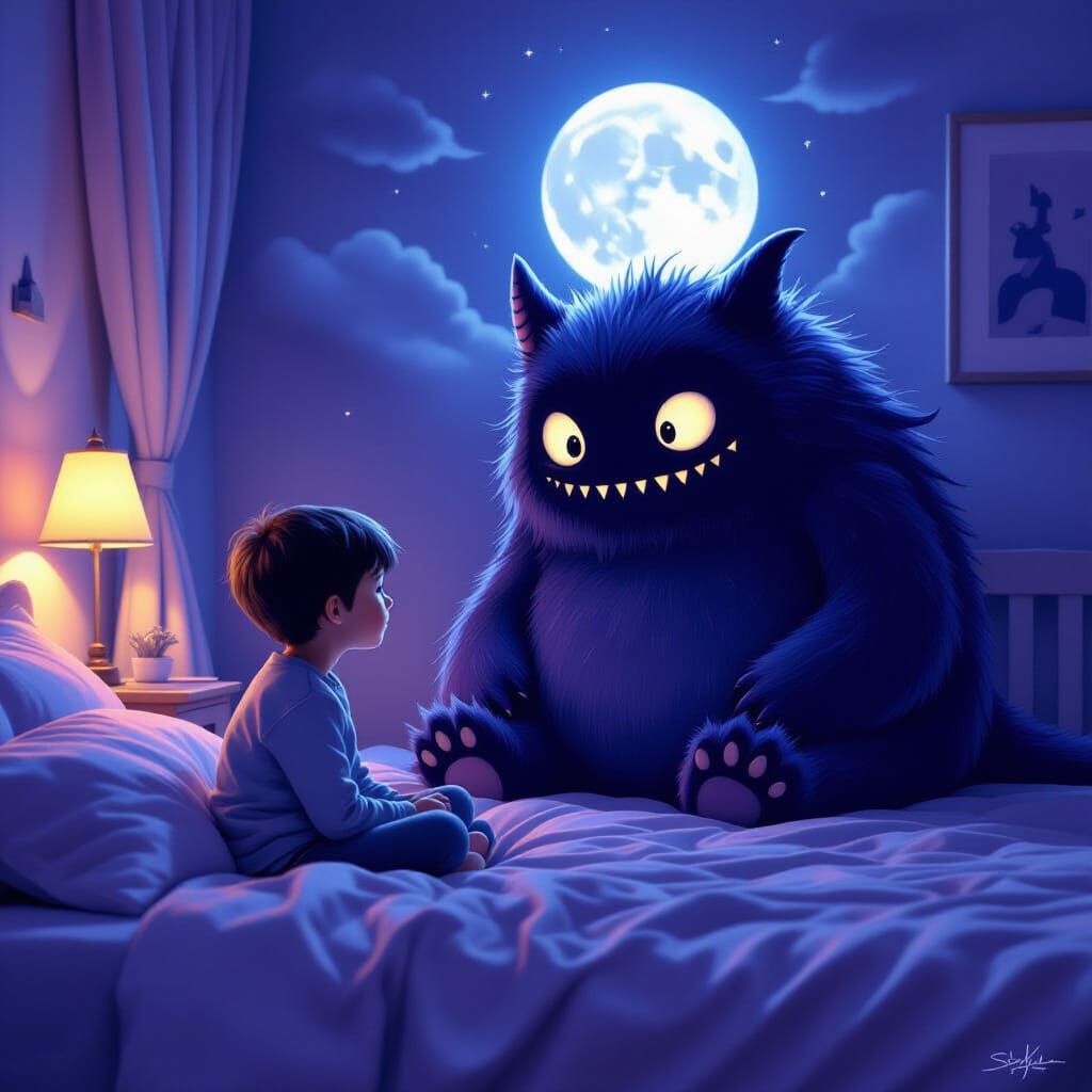 Boy and Shadow Monster in Bedroom, Digital Matte Painting