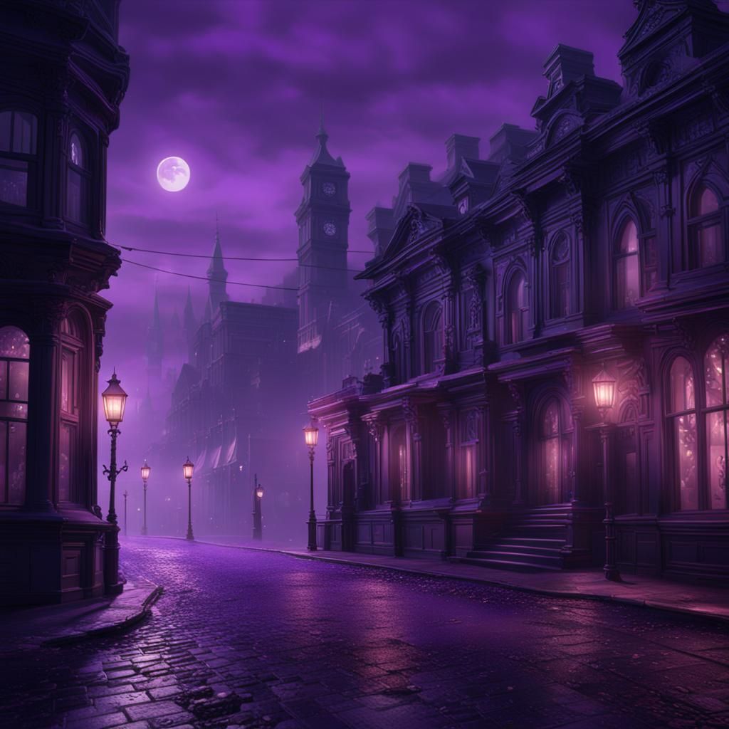 Victorian City at Night in Purple Fog