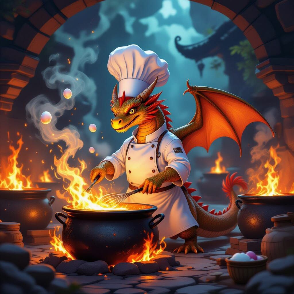 Dragon Chef Cooks with Molten Magic in Volcanic Kitchen