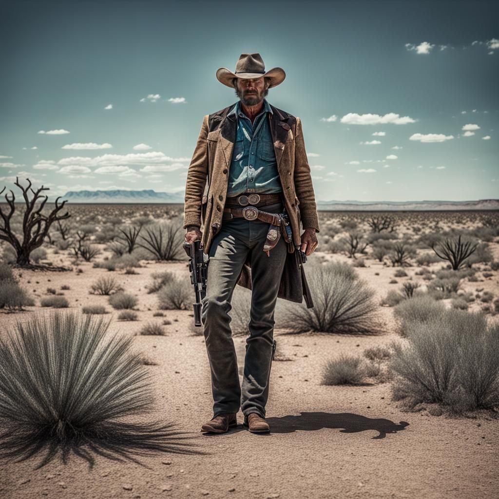 Cowboy with Revolver in Texas Desert: Hyperreal Impasto