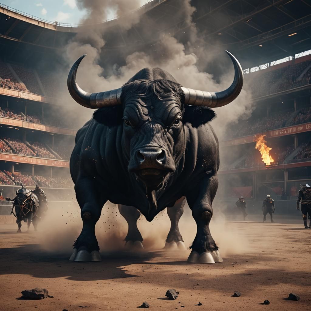 Futuristic Black Bull in Burning Arena, Sci-Fi Render
