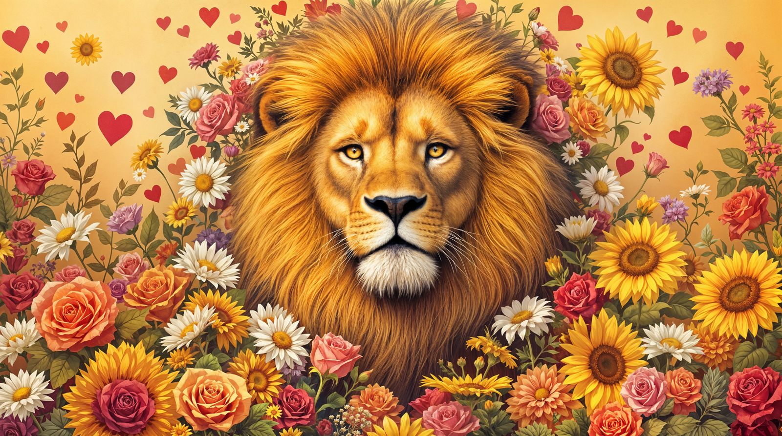 Regal Lion Surrounded by Blooming Hearts in Vibrant Sunlight