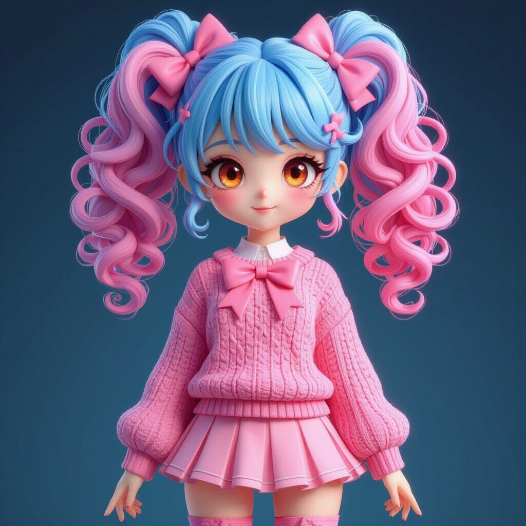 Cute Anime Girl with Pink Hair in Buns - 3D Art